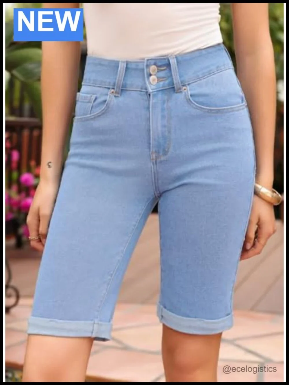 Women's High Waisted Bermuda Jean Shorts with Rolled Hem